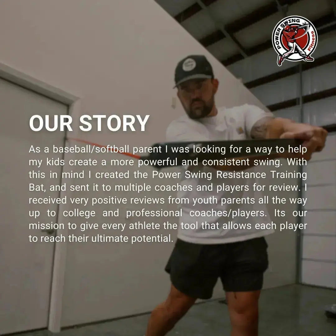Man in sports attire with text about Power Swing Resistance Training Bat and brand logo.