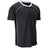 A black short-sleeve athletic t-shirt with white contrast trim along the crew neck, shoulder seams, and side panels, shown on a plain white background.
