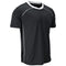A black short-sleeve athletic t-shirt with white contrast trim along the crew neck, shoulder seams, and side panels, shown on a plain white background.