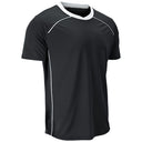 A black short-sleeve athletic t-shirt with white contrast trim along the crew neck, shoulder seams, and side panels, shown on a plain white background.