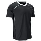 A black short-sleeve athletic t-shirt with white contrast trim along the crew neck, shoulder seams, and side panels, shown on a plain white background.