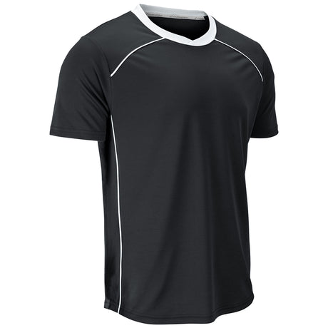 A black short-sleeve athletic t-shirt with white contrast trim along the crew neck, shoulder seams, and side panels, shown on a plain white background.