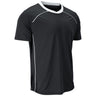 A black short-sleeve athletic t-shirt with white contrast trim along the crew neck, shoulder seams, and side panels, shown on a plain white background.