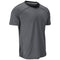A dark gray athletic short-sleeve t-shirt with a black crew neck collar, shown on a solid white background.
