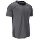 A dark gray athletic short-sleeve t-shirt with a black crew neck collar, shown on a solid white background.