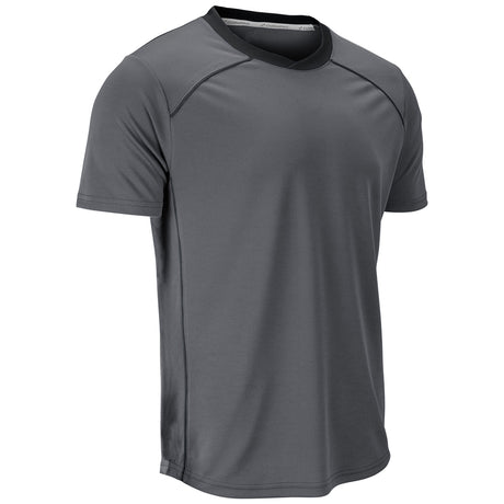 A dark gray athletic short-sleeve t-shirt with a black crew neck collar, shown on a solid white background.