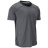 A dark gray athletic short-sleeve t-shirt with a black crew neck collar, shown on a solid white background.