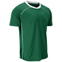 A green short-sleeve athletic t-shirt with a white v-neck collar and white piping details, shown on a plain white background.