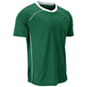 A green short-sleeve athletic t-shirt with a white v-neck collar and white piping details, shown on a plain white background.