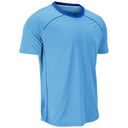A light blue short-sleeve athletic t-shirt with a contrasting dark blue crew neck collar and subtle seam detailing, shown on a plain white background.