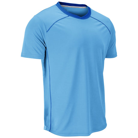 A light blue short-sleeve athletic t-shirt with a contrasting dark blue crew neck collar and subtle seam detailing, shown on a plain white background.