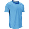 A light blue short-sleeve athletic t-shirt with a contrasting dark blue crew neck collar and subtle seam detailing, shown on a plain white background.