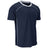 A navy blue short-sleeve athletic t-shirt with white contrast stitching along the neckline and sides, displayed on a clean white background.