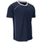 A navy blue short-sleeve athletic t-shirt with white contrast stitching along the neckline and sides, displayed on a clean white background.