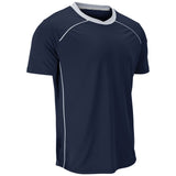 A navy blue short-sleeve athletic t-shirt with white contrast stitching along the neckline and sides, displayed on a clean white background.