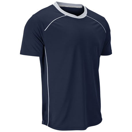 A navy blue short-sleeve athletic t-shirt with white contrast stitching along the neckline and sides, displayed on a clean white background.