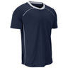 A navy blue short-sleeve athletic t-shirt with white contrast stitching along the neckline and sides, displayed on a clean white background.