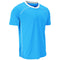 A bright blue short-sleeve athletic t-shirt with white contrast stitching along the shoulders and sides, featuring a white and gray collar, shown on a plain white background.