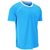 A bright blue short-sleeve athletic t-shirt with white contrast stitching along the shoulders and sides, featuring a white and gray collar, shown on a plain white background.