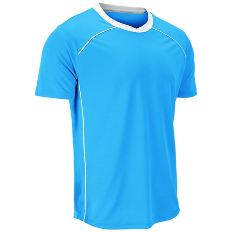 A bright blue short-sleeve athletic t-shirt with white contrast stitching along the shoulders and sides, featuring a white and gray collar, shown on a plain white background.