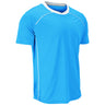 A bright blue short-sleeve athletic t-shirt with white contrast stitching along the shoulders and sides, featuring a white and gray collar, shown on a plain white background.