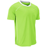 A bright lime green short-sleeve athletic t-shirt with white contrast stitching along the neckline and sides, displayed on a clean white background.