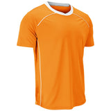 An orange short-sleeve athletic t-shirt with a white v-neck collar and white piping details, displayed on a clean white background.