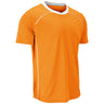 An orange short-sleeve athletic t-shirt with a white v-neck collar and white piping details, displayed on a clean white background.