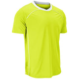 A bright neon yellow-green athletic t-shirt with white contrast stitching, a white inner collar, and a gray outer collar trim, shown on a plain white background.