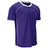 A purple short-sleeve athletic t-shirt with white contrast stitching along the collar, shoulder seams, and side panels, shown on a plain white background.