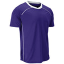 A purple short-sleeve athletic t-shirt with white contrast stitching along the collar, shoulder seams, and side panels, shown on a plain white background.