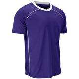 A purple short-sleeve athletic t-shirt with white contrast stitching along the collar, shoulder seams, and side panels, shown on a plain white background.
