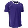 A purple short-sleeve athletic t-shirt with white contrast stitching along the collar, shoulder seams, and side panels, shown on a plain white background.