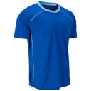A royal blue short-sleeve athletic t-shirt with light blue trim on the crew neck and white piping details along the shoulders and sides, shown on a plain white background.