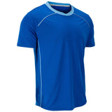 A royal blue short-sleeve athletic t-shirt with light blue trim on the crew neck and white piping details along the shoulders and sides, shown on a plain white background.