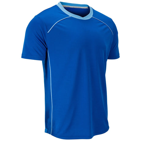 A royal blue short-sleeve athletic t-shirt with light blue trim on the crew neck and white piping details along the shoulders and sides, shown on a plain white background.