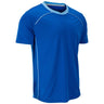 A royal blue short-sleeve athletic t-shirt with light blue trim on the crew neck and white piping details along the shoulders and sides, shown on a plain white background.
