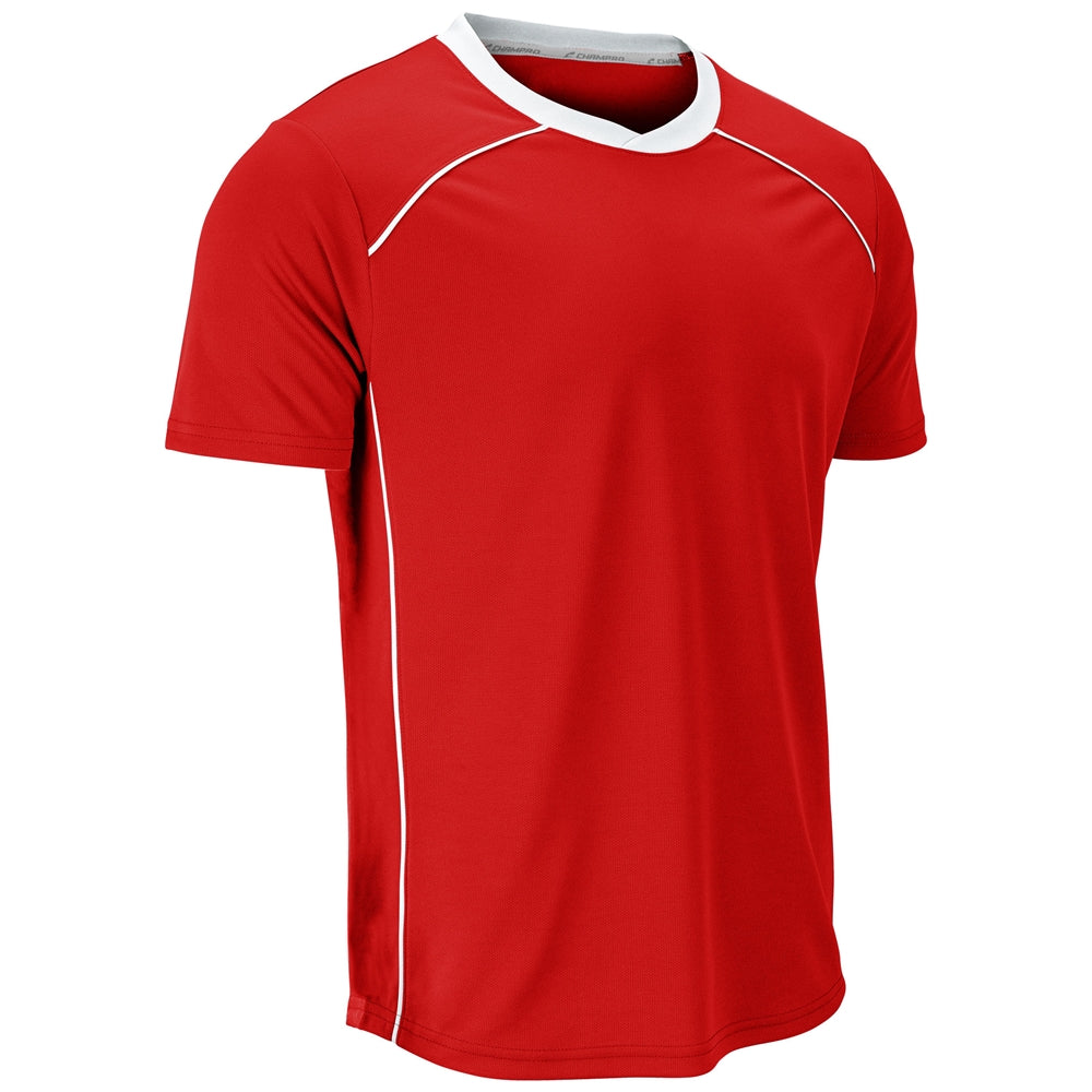 A red short-sleeve athletic t-shirt with white contrast stitching along the shoulders and sides, and a white inner collar, shown on a plain white background.
