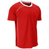 A red short-sleeve athletic t-shirt with white contrast stitching along the shoulders and sides, and a white inner collar, shown on a plain white background.