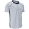 A light gray short-sleeve athletic t-shirt with a dark navy blue crew neck and thin dark piping details along the shoulders and sides, shown on a plain white background.