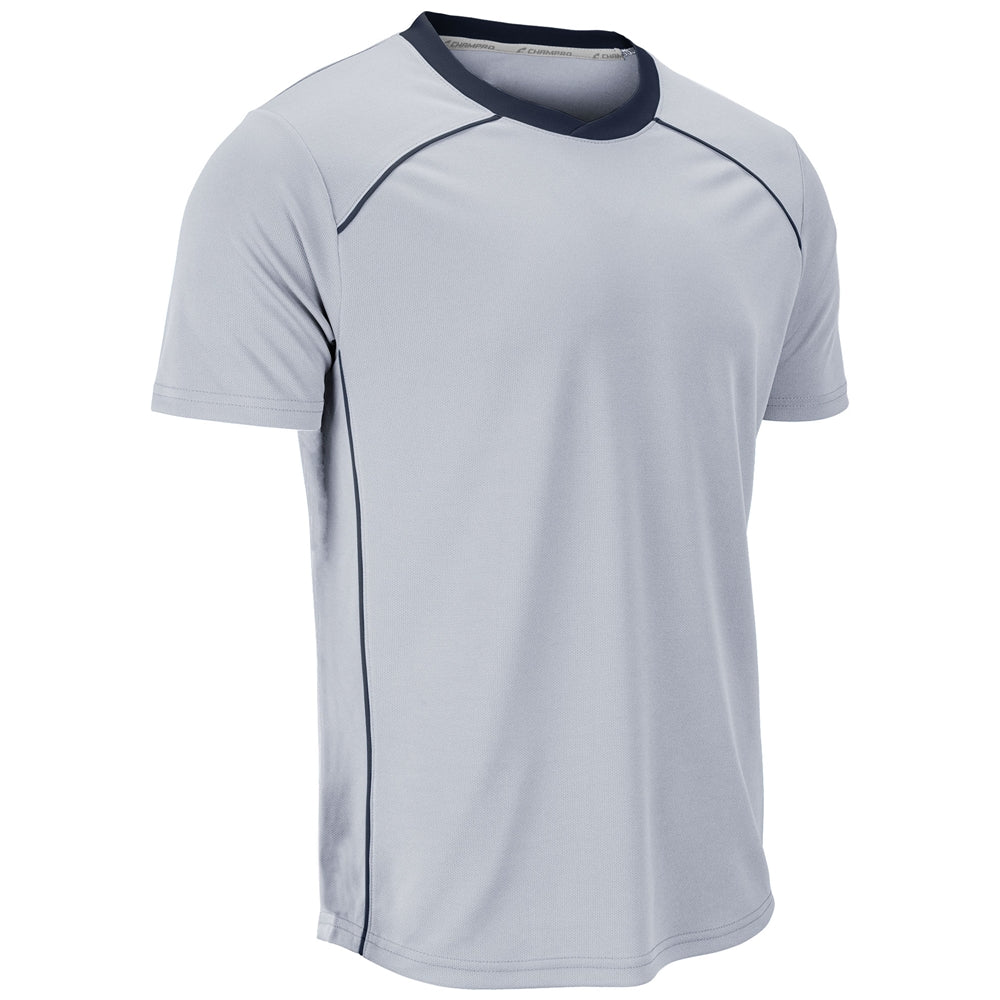 A light gray short-sleeve athletic t-shirt with a dark navy blue crew neck and thin dark piping details along the shoulders and sides, shown on a plain white background.