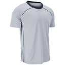 A light gray short-sleeve athletic t-shirt with a dark navy blue crew neck and thin dark piping details along the shoulders and sides, shown on a plain white background.