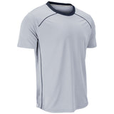 A light gray short-sleeve athletic t-shirt with a dark navy blue crew neck and thin dark piping details along the shoulders and sides, shown on a plain white background.