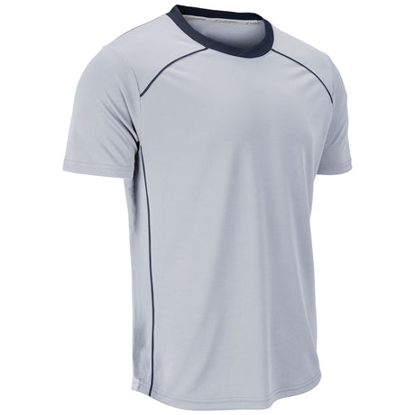 A light gray short-sleeve athletic t-shirt with a dark navy blue crew neck and thin dark piping details along the shoulders and sides, shown on a plain white background.