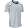A light gray short-sleeve athletic t-shirt with a dark navy blue crew neck and thin dark piping details along the shoulders and sides, shown on a plain white background.