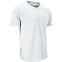 A white short-sleeve athletic t-shirt with a V-neck collar and raglan sleeves, shown on a plain white background.