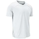 A white short-sleeve athletic t-shirt with a V-neck collar and raglan sleeves, shown on a plain white background.