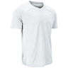 A white short-sleeve athletic t-shirt with a V-neck collar and raglan sleeves, shown on a plain white background.