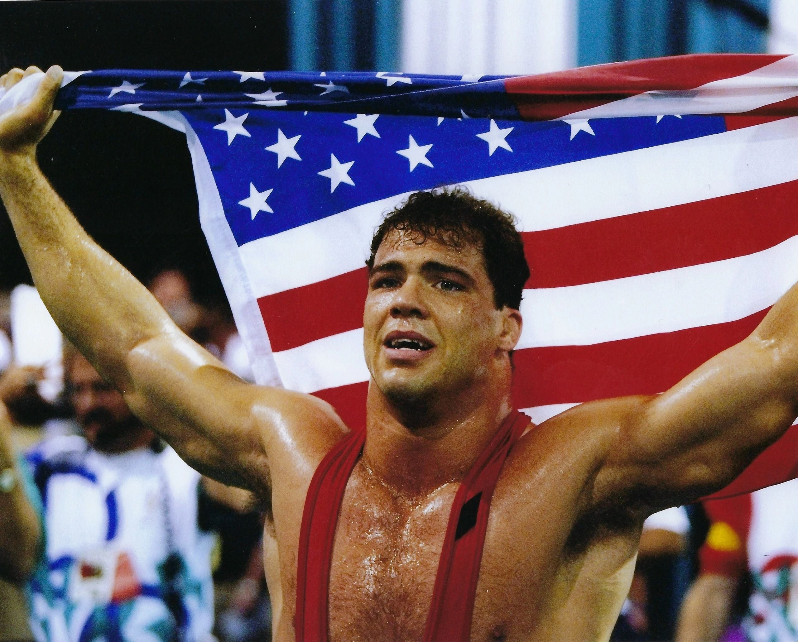 Kurt Angle Signed 8x10 Photo American Flag stretched over shoulders W/JSA COA