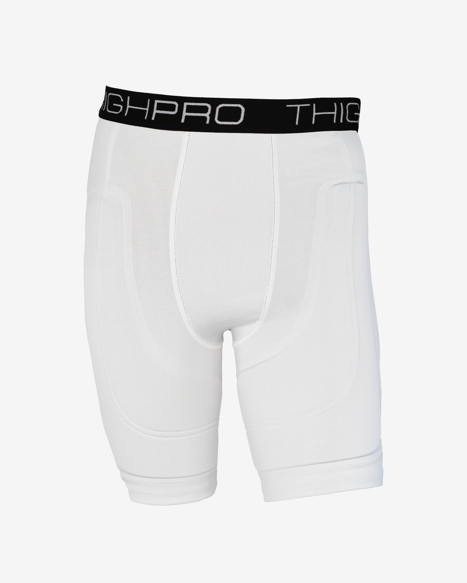 White athletic shorts with a black waistband on a white background